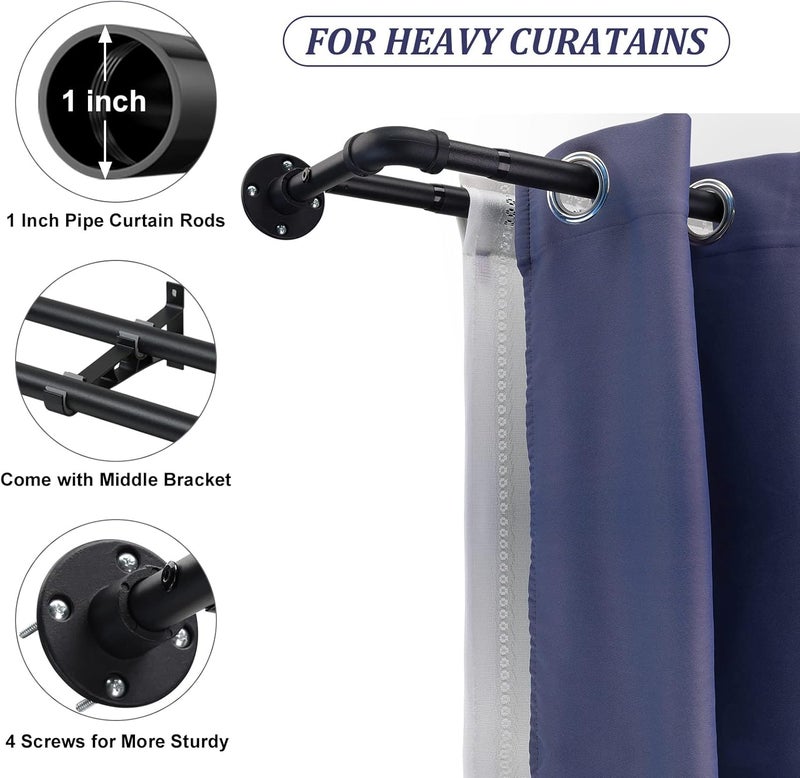 Keplrend Double Curtain Rod - Heavy Duty Blackout Double Curtain Rods for Windows 66 to 120 inch, Industrial Wrap Around Curtain Rod Black for Sliding Door, for Sheer Curtains & Drapes, Telescoping Adjustable - Image 2